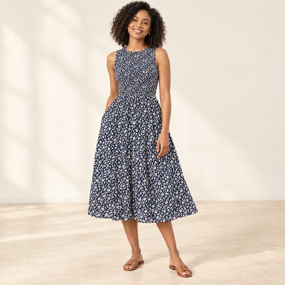 J.Crew Dress WMNS Petite M Navy White Floral Smocked Midi Cotton Cottagecore